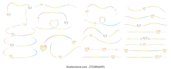 Divisores de néon com corações de arco-íris brilhantes e linhas de desfoque suaves. Decorações românticas dos namorados, quadros e adesivos definidos. Elementos luminosos do vetor do arco-íris.