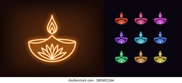 Neon diya icon. Glowing neon Diya lamp with fire and lotus flower, Deepavali in vivid colors. Happy Diwali, Festival of the Lights in India. Icon set, sign, symbol for UI. Vector illustration