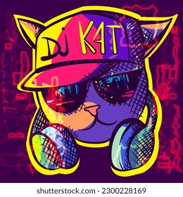 Neon DJ cat with a hip hop hat, sunglasses and headphones. Cool and funky feline character with audio equipment. Doodle digital art with bright colors.