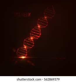 Neon dna helix consist of glowing particles . Randomly located flashes of light . Abstract object with lens flare effect and bokeh . Science and technology concept , Vector illustration 