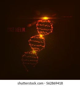 Neon dna helix consist of glowing particles . Randomly located flashes of light . Abstract object with lens flare effect and bokeh . Science and technology concept , Vector illustration