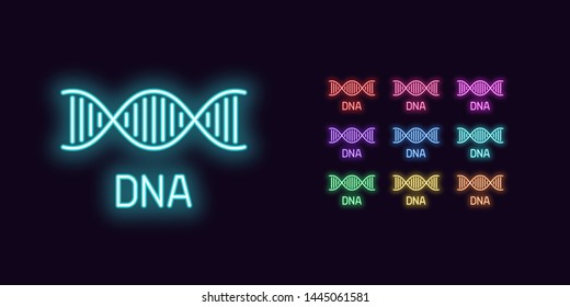 Neon DNA icon, structure. Set of glowing DNA Helix in Neon style with transparent backlight. Vector silhouette, red pink purple violet blue azure green yellow orange color