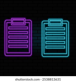 Neon document icon. Glowing neon contract sign, outline doc page pictogram in vivid colors. Online document flow, white paper, business report, contract form..