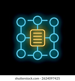 Neon document management system icon glowing on dark background representing concept of easy document access and storage