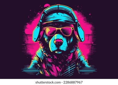 Neon Dog, 80s style t-shirt vector illustration