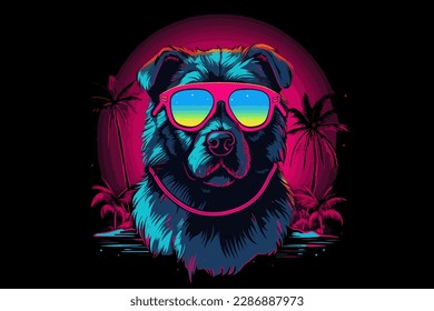 Neon Dog, 80s style t-shirt vector illustration