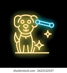 Neon dog carrying bone toy glowing brightly with sparks on dark background