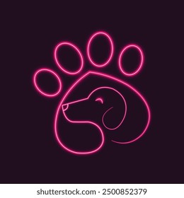 Neon dog. Pet love. Dog love. Line art. Glowing neon line. Paw with dog. Isolated on black background. Puppy paw print. Dog - friend of human. Love to the animals. Paw print. Pet affection. Canine.

