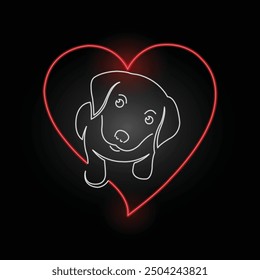 Neon dog. Pet love. Dog love. Line art. Glowing neon line. Heart with dog. Isolated on black background. Puppy and heart. Dog - friend of human. Love to the animals. Paw print. Pet affection. Canine.
