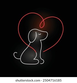 Neon dog. Pet love. Dog love. Line art. Glowing neon line. Heart with dog. Isolated on black background. Puppy and heart. Dog - friend of human. Love to the animals. Paw print. Pet affection. Canine.
