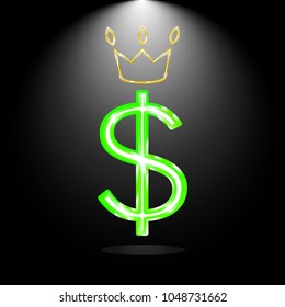 Neon dollar with crown. vector illustration.