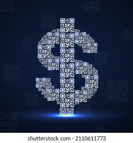 Neon Dollar Sign Of Qr Code. Vector Illustration