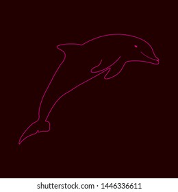 Neon dolphin contour, turned to the right. Isolated on black background. Copy space. Vector graphics. Stock vector illustration. There is a place for text.