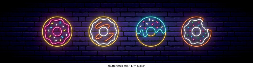Neon donut sign. Glowing neon donut icons on dark brick wall background. Neon signboard. Donut emblem. Vector illustration. 