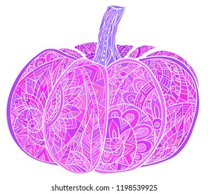 Neon doodle illustration of pumpkin with a boho pattern. Objects separate from the background.  Vector element for your creativity