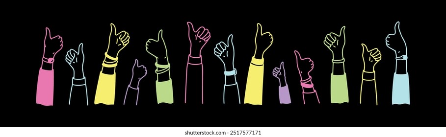 Neon doodle raising hands with thumb up background. Crowd of happy people. Celebration concept. Like gesture. Kid childish crayon scribble. Disco club, music festival design