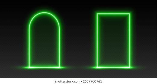 Neon door and arch, green glowing portal, futuristic gate, magic LED frame.