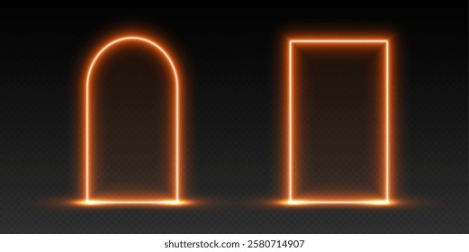 Neon door and arch, orange glowing portal, futuristic gate, magic LED frame.