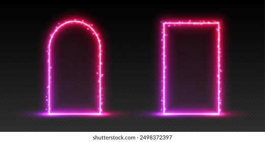 Neon door and arch with sparkles, gradient glowing portal, futuristic gate, magic LED frame. Vector illustration.