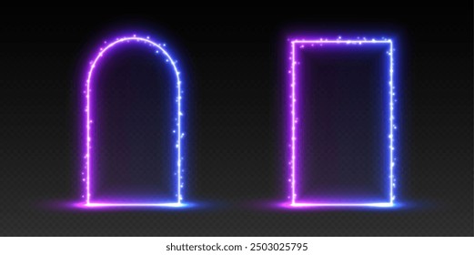 Neon door and arch with sparkles, gradient glowing portal, futuristic gate, magic LED frame. Vector illustration.