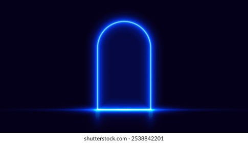 Neon door, blue glowing portal, futuristic arch, magic gate background. Vector illustration.
