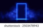 Neon door with smoke, blue glowing portal, futuristic arch gate, magic border with vapor. Vector illustration.