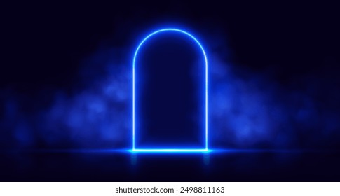 Neon door with smoke, blue glowing portal, futuristic arch gate, magic border with vapor. Vector illustration.