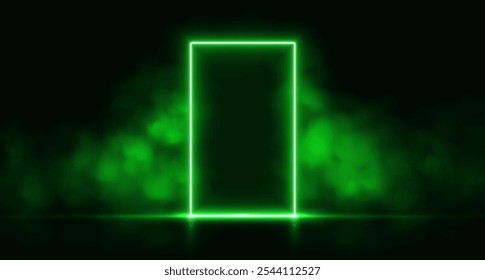Neon door with smoke, green glowing portal, futuristic arch gate, magic border with vapor. Vector illustration.