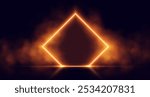 Neon door with smoke, orange glowing portal, futuristic rhombus gate, magic border with vapor. Vector illustration.