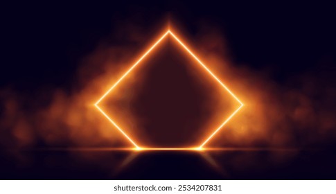 Neon door with smoke, orange glowing portal, futuristic rhombus gate, magic border with vapor. Vector illustration.