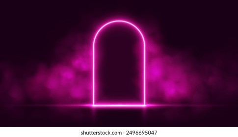 Neontür mit Rauch, rosa leuchtendes Portal, futuristisches Bogentor, magische Grenze mit Dampf. Vektorgrafik.