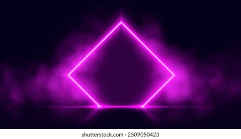 Neon door with smoke, pink glowing portal, futuristic rhombus gate, magic border with vapor. Vector illustration.
