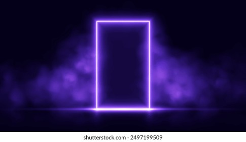 Neon door with smoke, purple glowing portal, futuristic arch gate, magic border with vapor. Vector illustration.