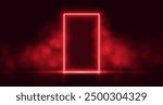 Neon door with smoke, red glowing portal, futuristic arch gate, magic border with vapor. Vector illustration.