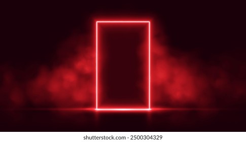 Neon door with smoke, red glowing portal, futuristic arch gate, magic border with vapor. Vector illustration.