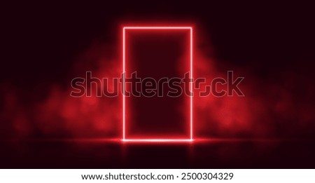 Neon door with smoke, red glowing portal, futuristic arch gate, magic border with vapor. Vector illustration.