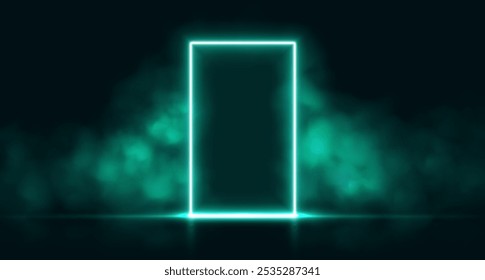 Neon door with smoke, teal glowing portal, futuristic arch gate, magic border with vapor. Vector illustration.