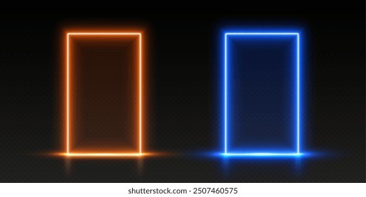 Neon doors, orange and blue glowing portals, futuristic gates, magic LED frames. Vector illustration.