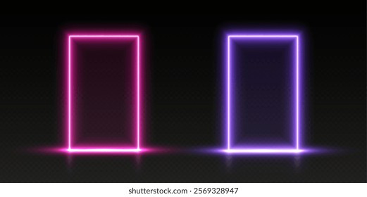 Neon doors, pink and purple glowing portals, futuristic gates, magic LED frames.