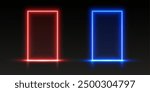 Neon doors, red and blue glowing portals, futuristic gates, magic LED frames. VS versus battle entrance concept. Vector illustration.