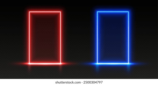 Neon doors, red and blue glowing portals, futuristic gates, magic LED frames. VS versus battle entrance concept. Vector illustration.