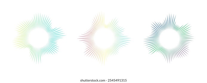 Neon dot equalizer set. Audio multicolor waves. Music symbol, circular sound waves. Radial spectrum. Vector illustration.