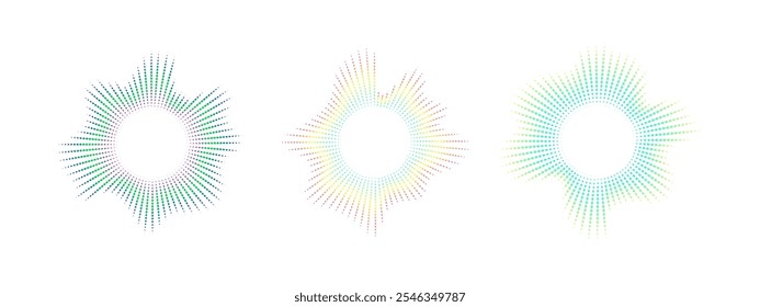 Definição de equalizador de ponto de néon. Ondas multicoloridas de áudio. Ondas de áudio circulares. Espectro radial . Ilustração vetorial