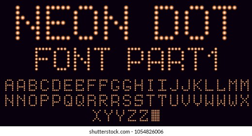 Neon dot font in orange, part 1. Vector handmade alphabet consisting of neon dots. Uppercase neon letters