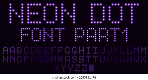 Neon dot font in violet, part 1. Vector handmade alphabet consisting of neon dots. Uppercase neon letters