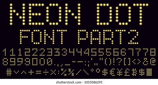 Neon dot font in yellow, part 2. Vector handmade alphabet consisting of neon dots. Uppercase neon digits, punctuation marks and mathematical symbols