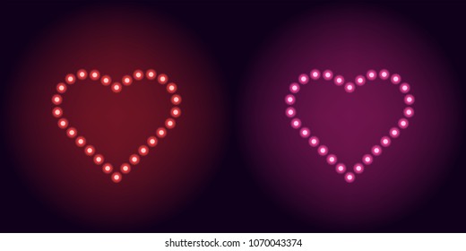 Neon dot heart in red and pink color. Vector illustration of heart consisting of neon dot, with backlight on the dark background