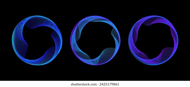 Neon dotted circle set. Blue purple glowing round tech frame collection. Curved wave dot line circles on black background. Bright colorful gradient circular border pack. Vector design element bundle