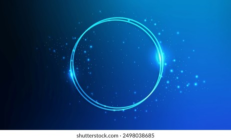 Neon double circle frame with shining effects and sparkles on dark blue background. Empty glowing techno backdrop. Vector illustration