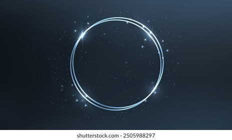 Neon double circle frame with shining effects and sparkles on dark background. Empty glowing techno backdrop. Vector illustration